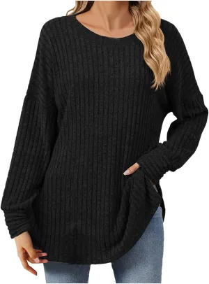 Women Sweaters Chunky Knit Crewneck Solid Color Long Sleeve Soft Casual Lightweight Sweaters Tops