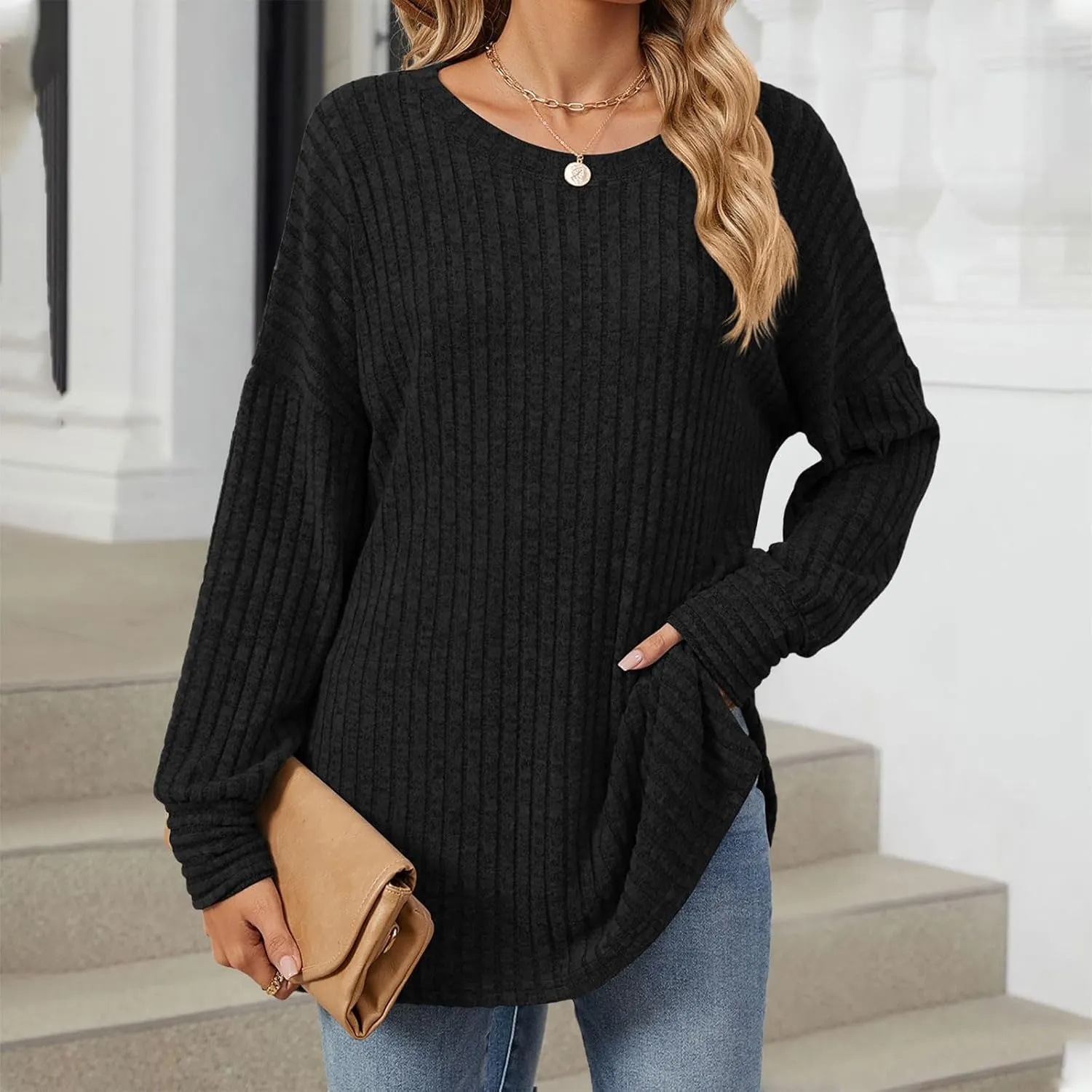 Women Sweaters Chunky Knit Crewneck Solid Color Long Sleeve Soft Casual Lightweight Sweaters Tops