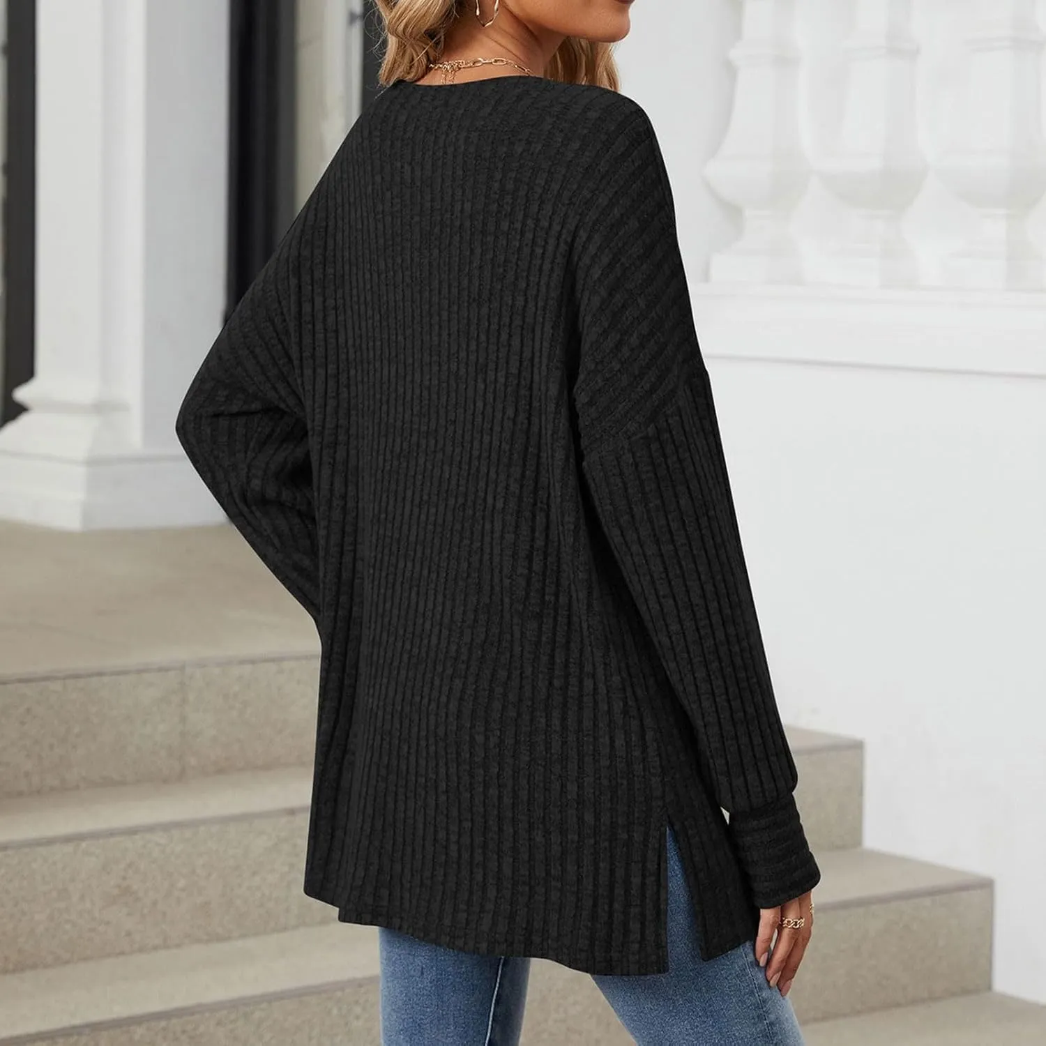 Women Sweaters Chunky Knit Crewneck Solid Color Long Sleeve Soft Casual Lightweight Sweaters Tops