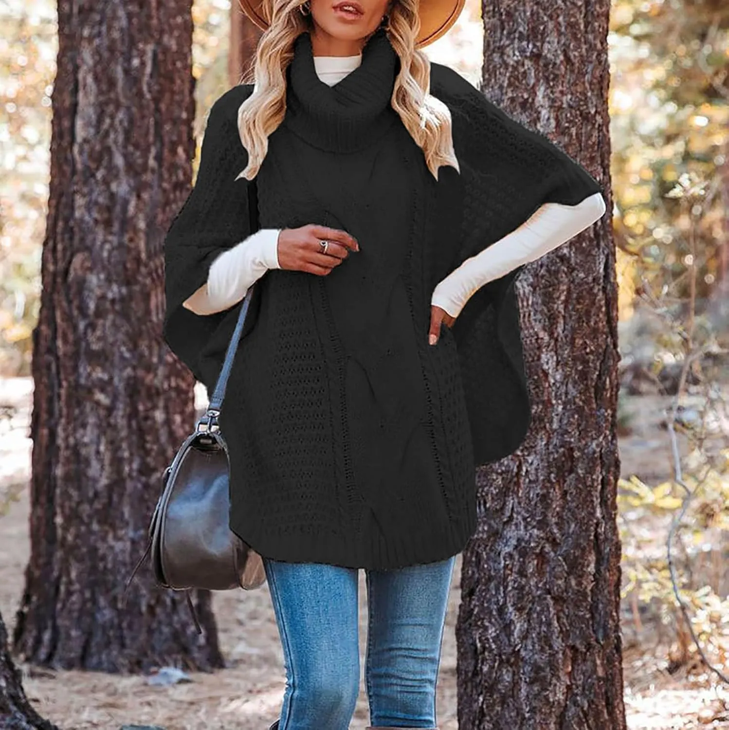 Women Sweaters Fall 2024 Cable Knit Batwing Sleeve Turtleneck Oversized Sweater Chunky Pullover Top Casual Loose Outfits