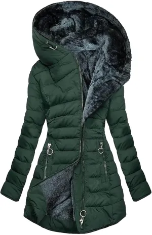 Women Warm Down Jacket with Hood Fur Long Puffer Coat Solid Color Hooded Plush Cotton Outerwear with Pockets