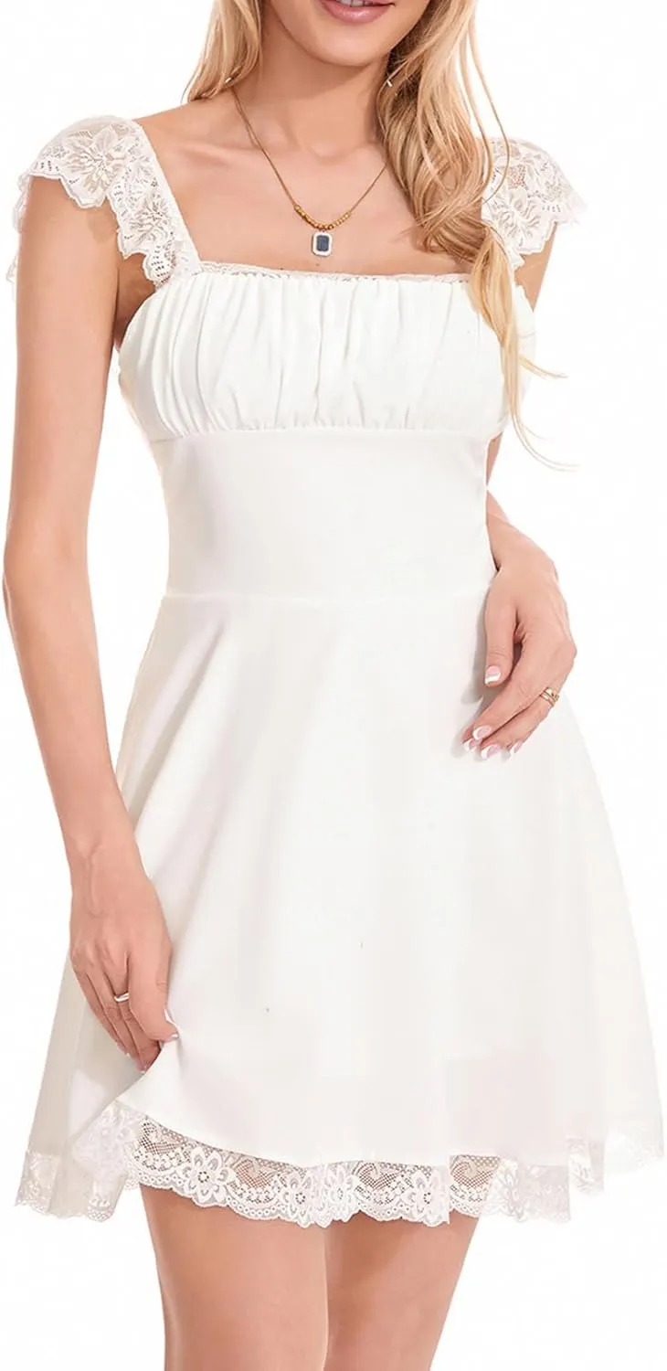 Women White Mini Dress Y2K Vintage Lace Patchwork A line Dress Summer Party Vacation Short Graduation Dresses