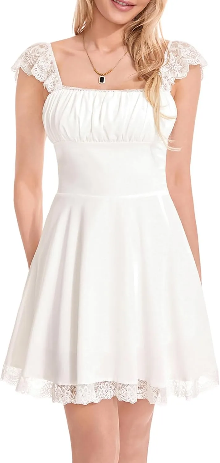 Women White Mini Dress Y2K Vintage Lace Patchwork A line Dress Summer Party Vacation Short Graduation Dresses