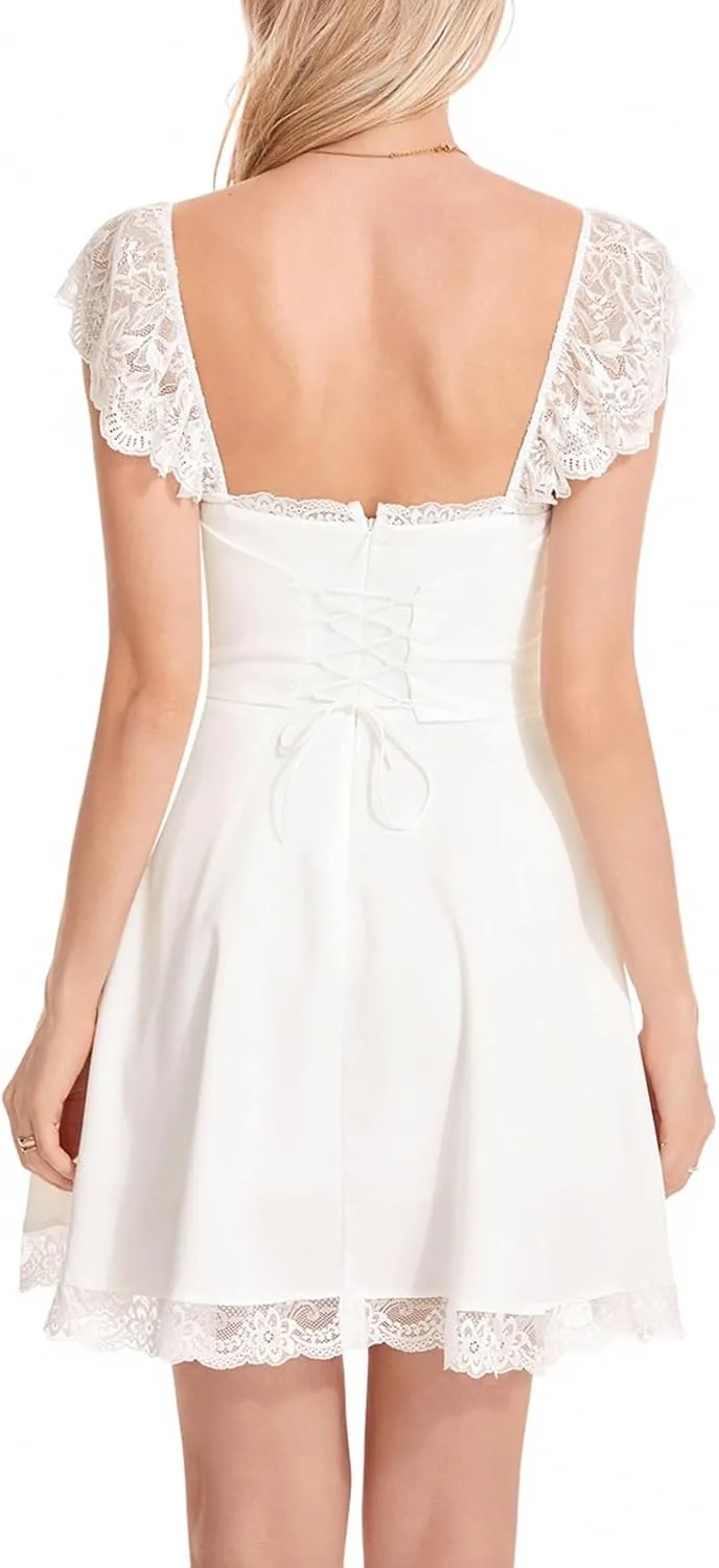 Women White Mini Dress Y2K Vintage Lace Patchwork A line Dress Summer Party Vacation Short Graduation Dresses