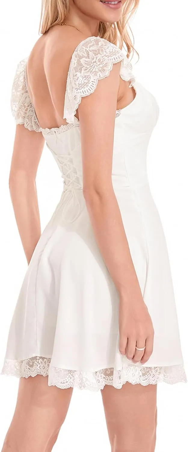 Women White Mini Dress Y2K Vintage Lace Patchwork A line Dress Summer Party Vacation Short Graduation Dresses