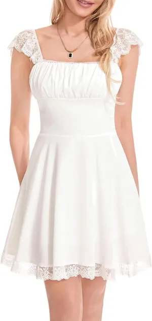 Women White Mini Dress Y2K Vintage Lace Patchwork A line Dress Summer Party Vacation Short Graduation Dresses