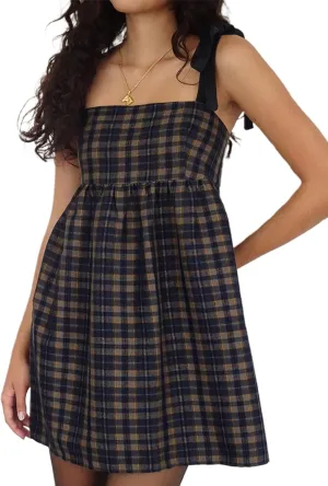 Women Y2k Babydoll Mini Dress Bow Tie Spaghetti Strap Flowy Homecoming Dress Cocktail Party Short Ruffle Dress