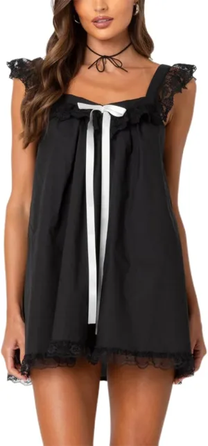 Women Y2k Babydoll Mini Dress Bow Tie Spaghetti Strap Flowy Homecoming Dress Cocktail Party Short Ruffle Dress