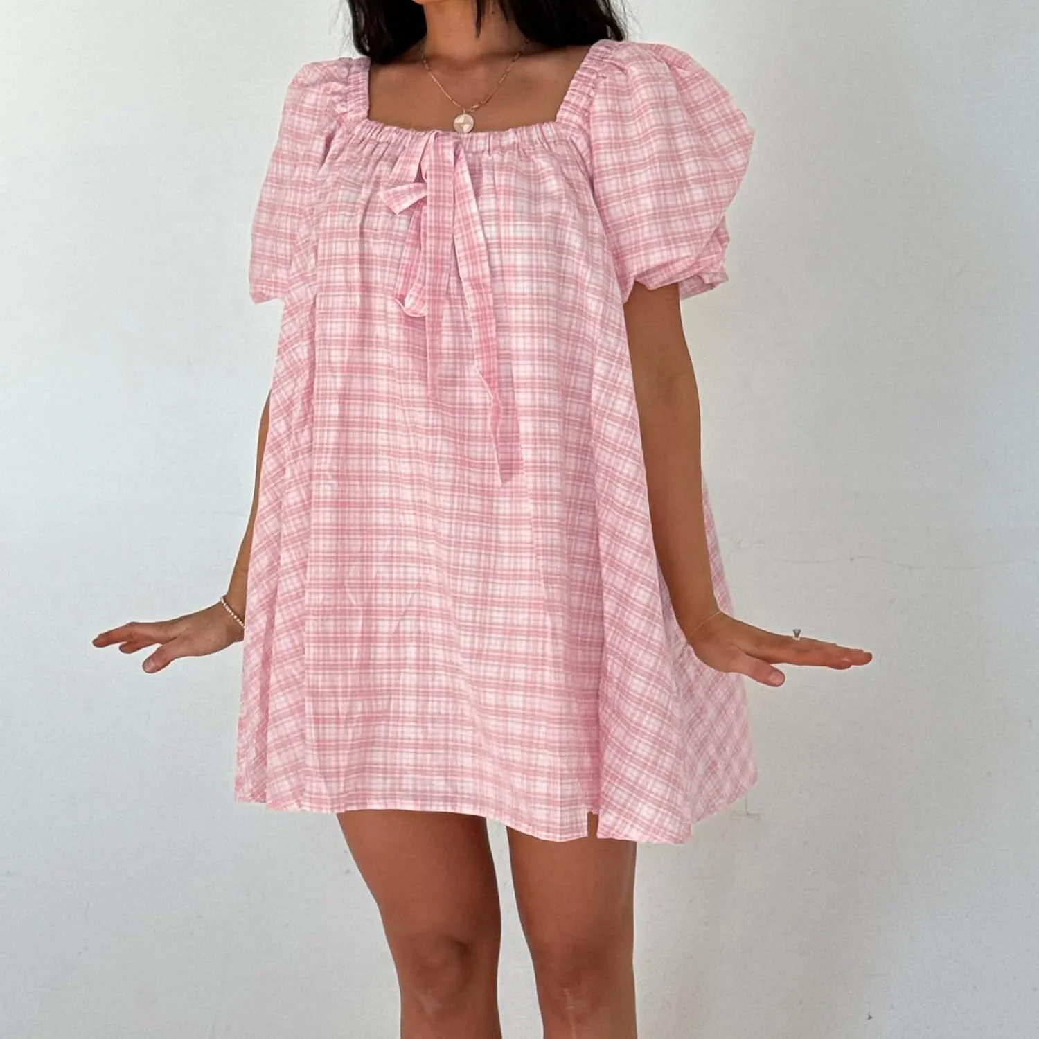 Women Y2k Babydoll Mini Dress Bow Tie Spaghetti Strap Flowy Homecoming Dress Cocktail Party Short Ruffle Dress