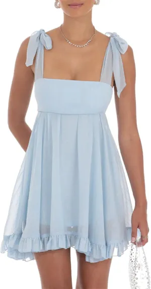 Women Y2k Babydoll Mini Dress Bow Tie Spaghetti Strap Flowy Homecoming Dress Cocktail Party Short Ruffle Dress