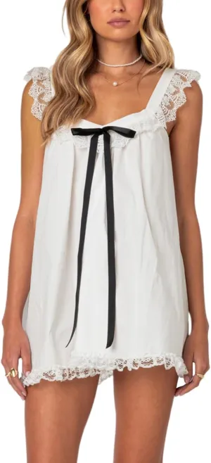 Women Y2k Babydoll Mini Dress Bow Tie Spaghetti Strap Flowy Homecoming Dress Cocktail Party Short Ruffle Dress