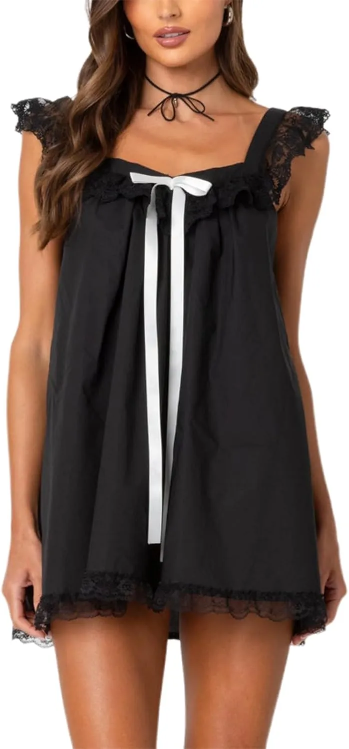 Women Y2k Babydoll Mini Dress Bow Tie Spaghetti Strap Flowy Homecoming Dress Cocktail Party Short Ruffle Dress