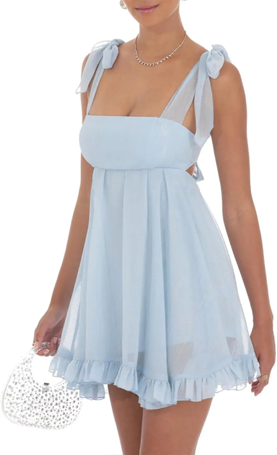 Women Y2k Babydoll Mini Dress Bow Tie Spaghetti Strap Flowy Homecoming Dress Cocktail Party Short Ruffle Dress