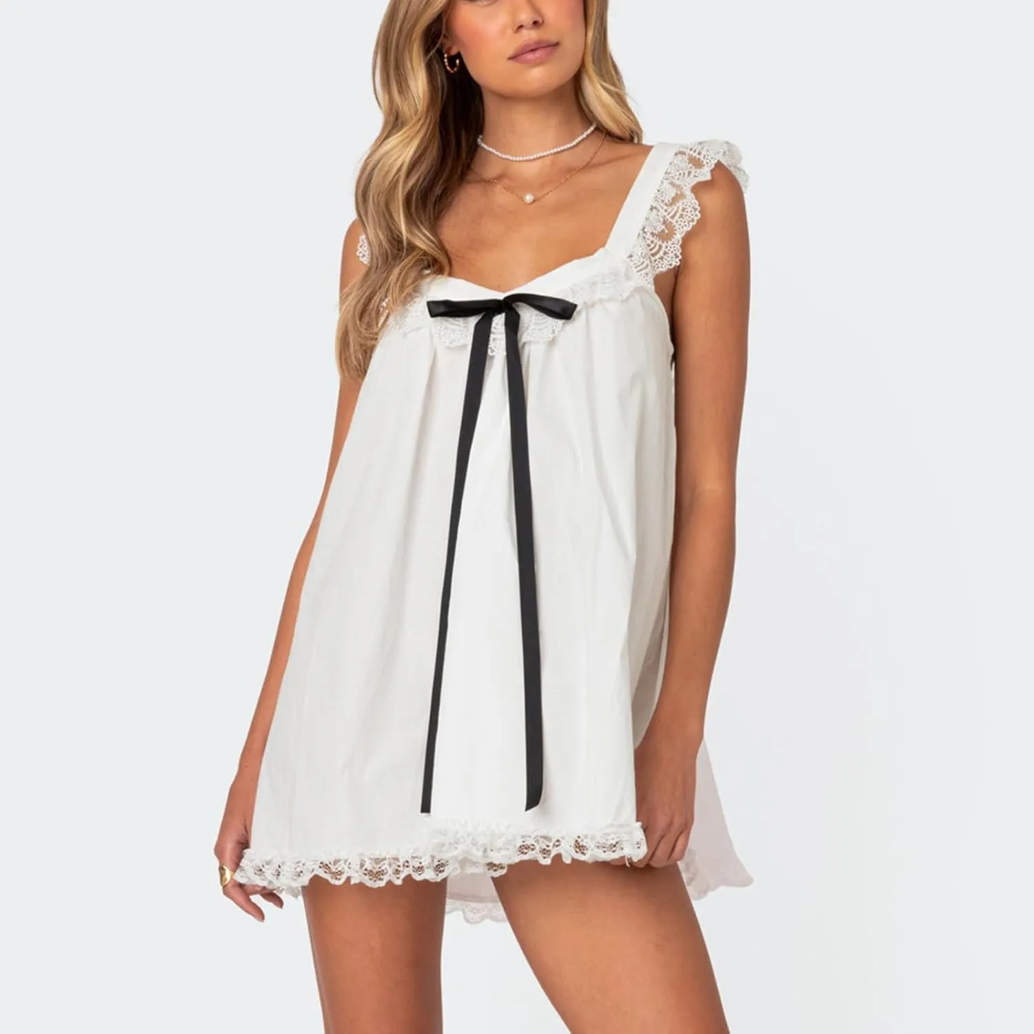 Women Y2k Babydoll Mini Dress Bow Tie Spaghetti Strap Flowy Homecoming Dress Cocktail Party Short Ruffle Dress