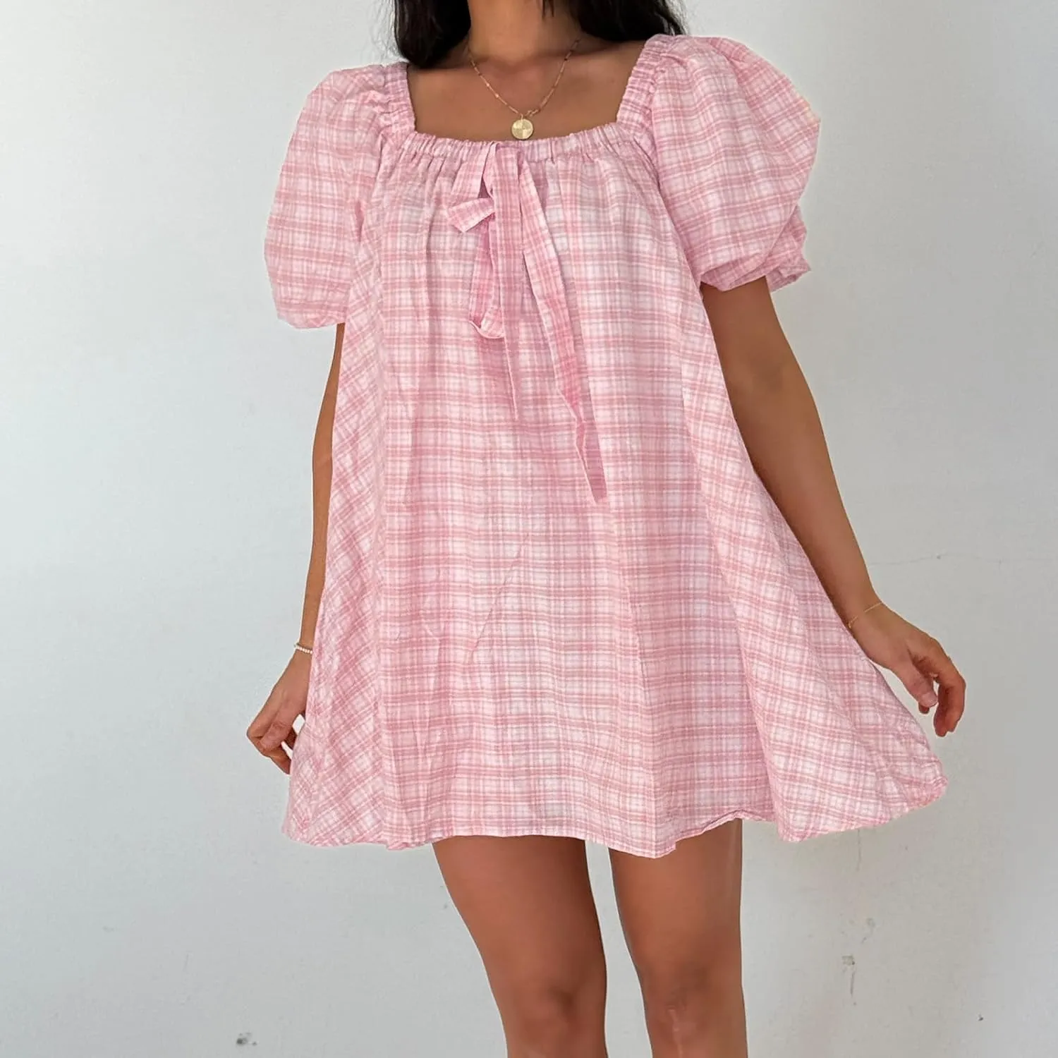 Women Y2k Babydoll Mini Dress Bow Tie Spaghetti Strap Flowy Homecoming Dress Cocktail Party Short Ruffle Dress