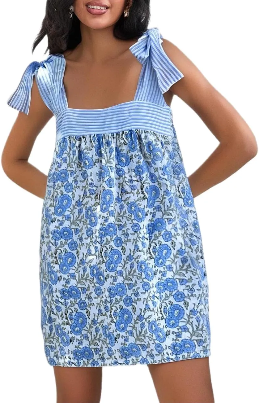 Women Y2k Boho Mini Dress Floral Tie Shoulder Short Dress Ruffle Flowy Dress Loose Beach Sundress