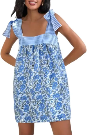 Women Y2k Boho Mini Dress Floral Tie Shoulder Short Dress Ruffle Flowy Dress Loose Beach Sundress
