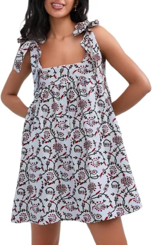 Women Y2k Boho Mini Dress Floral Tie Shoulder Short Dress Ruffle Flowy Dress Loose Beach Sundress