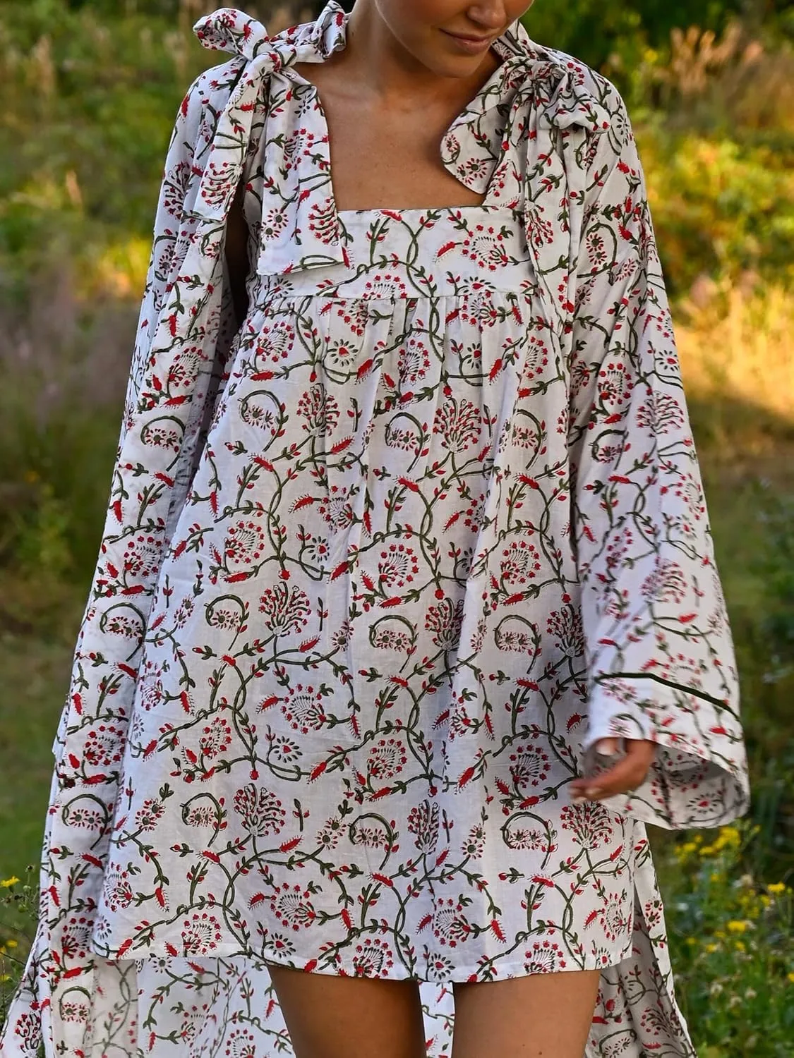 Women Y2k Boho Mini Dress Floral Tie Shoulder Short Dress Ruffle Flowy Dress Loose Beach Sundress