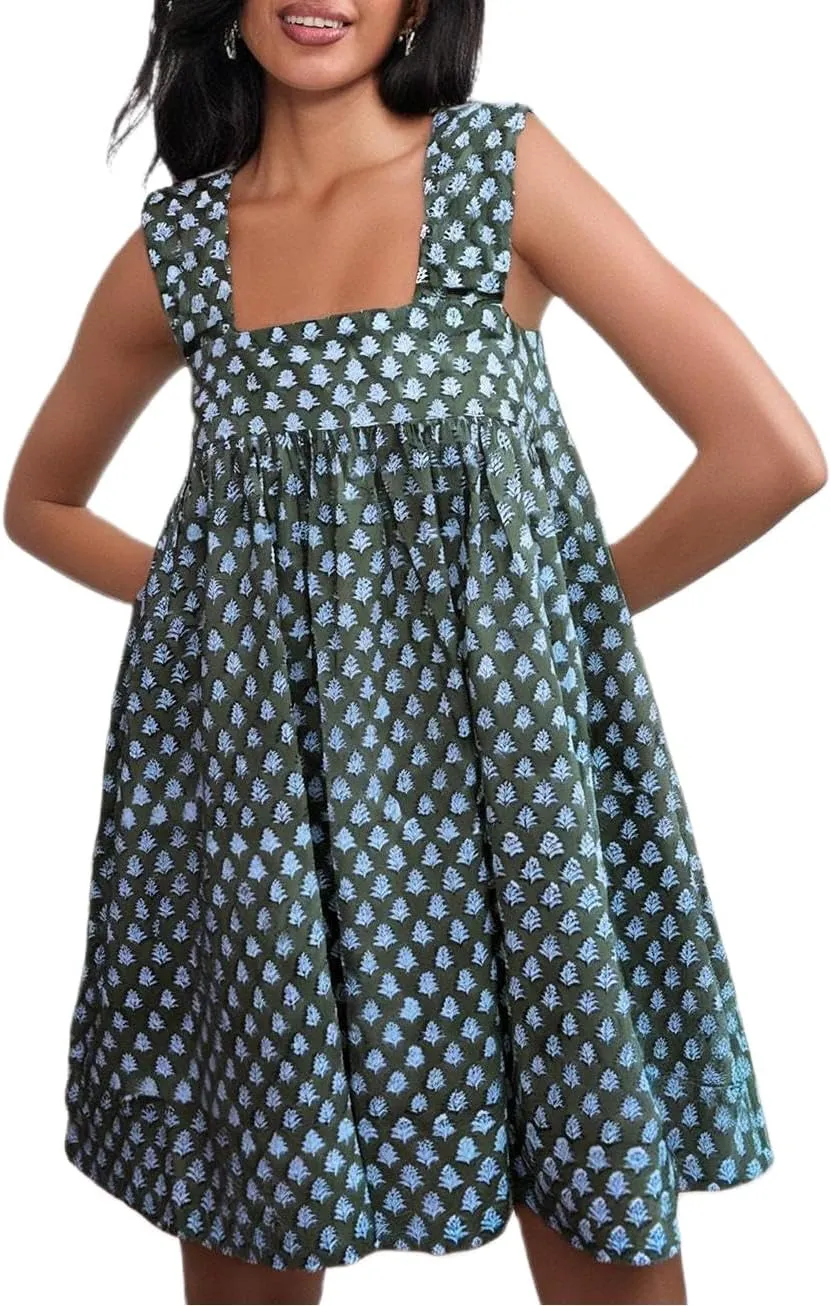 Women Y2k Boho Mini Dress Floral Tie Shoulder Short Dress Ruffle Flowy Dress Loose Beach Sundress