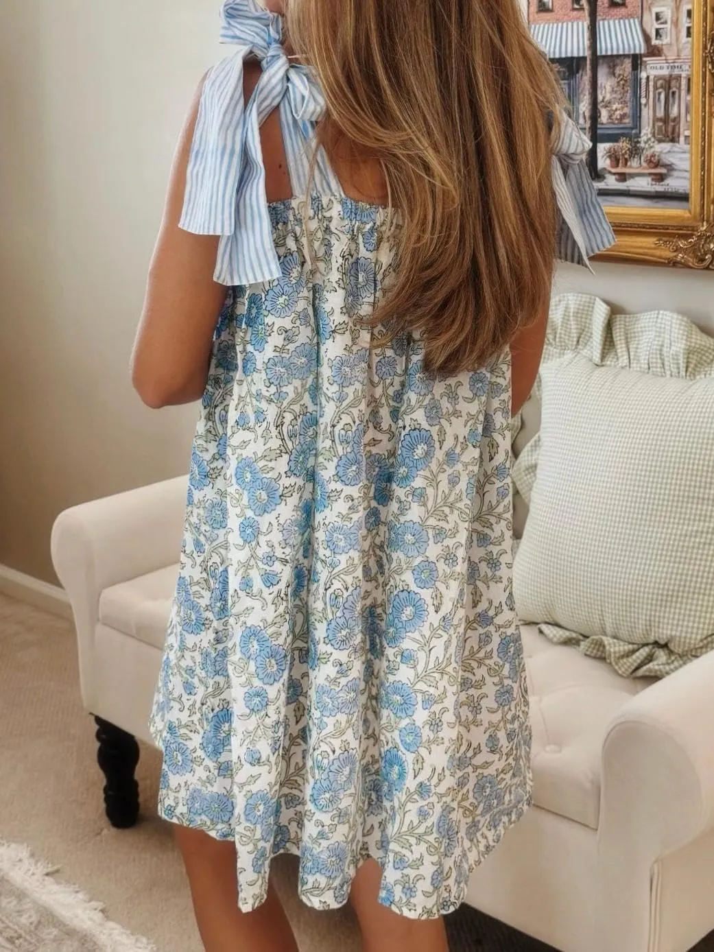 Women Y2k Boho Mini Dress Floral Tie Shoulder Short Dress Ruffle Flowy Dress Loose Beach Sundress