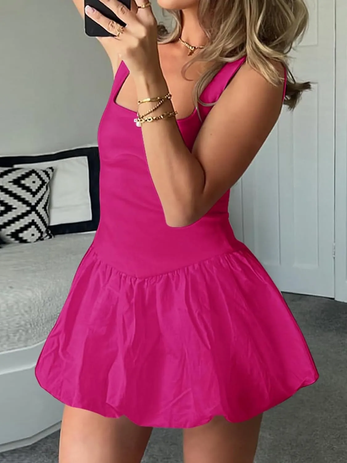 Women Y2k Bubble Tank Mini Dress Sleeveless Backless Ruffle Puffball Short Dress Summer Puffy Dress for Party Club