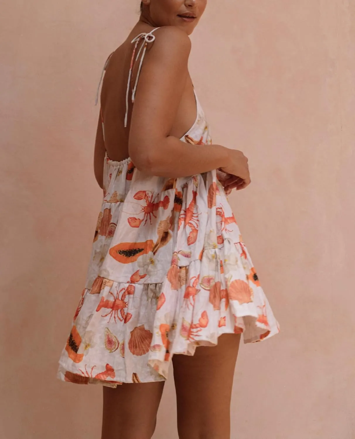 Women Y2K Cute Mini Dress Fruit Print Spaghetti Strap Short Dress Graffiti Cami Dress Sleeveelss Backless Bodycon Sun Dress