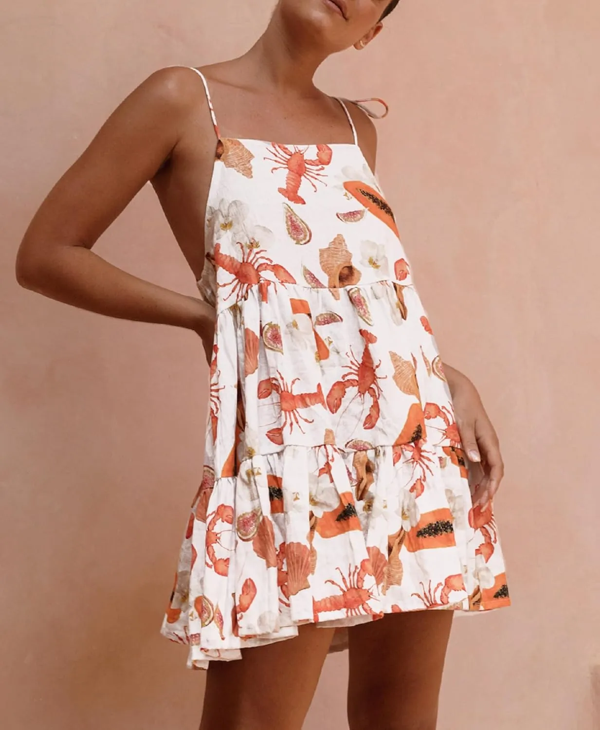 Women Y2K Cute Mini Dress Fruit Print Spaghetti Strap Short Dress Graffiti Cami Dress Sleeveelss Backless Bodycon Sun Dress