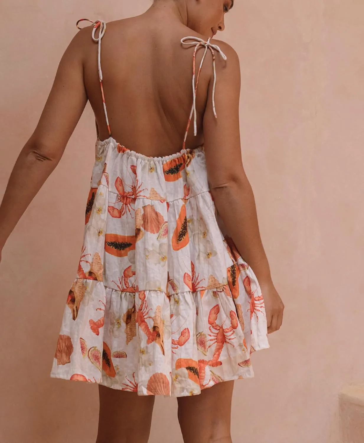 Women Y2K Cute Mini Dress Fruit Print Spaghetti Strap Short Dress Graffiti Cami Dress Sleeveelss Backless Bodycon Sun Dress