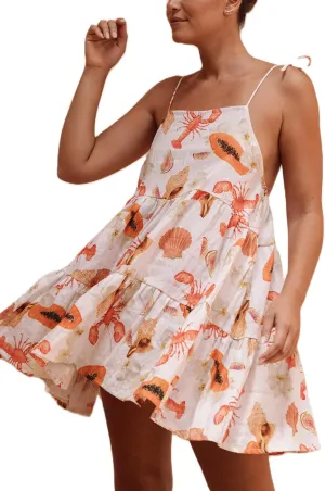 Women Y2K Cute Mini Dress Fruit Print Spaghetti Strap Short Dress Graffiti Cami Dress Sleeveelss Backless Bodycon Sun Dress