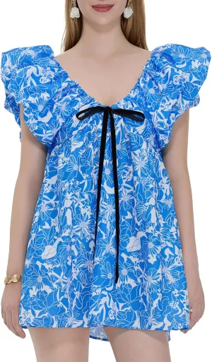 Women Y2k Floral Babydoll Mini Dress Ruffle Backless Bow Tie Short Dress Flowy Boho Beach Vacation Sundress