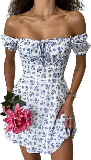 Women y2k Floral Mini Dress Boho Ruffle Mini Dress Sleeveless A Line Flare Short Dresses Beach Sundresses