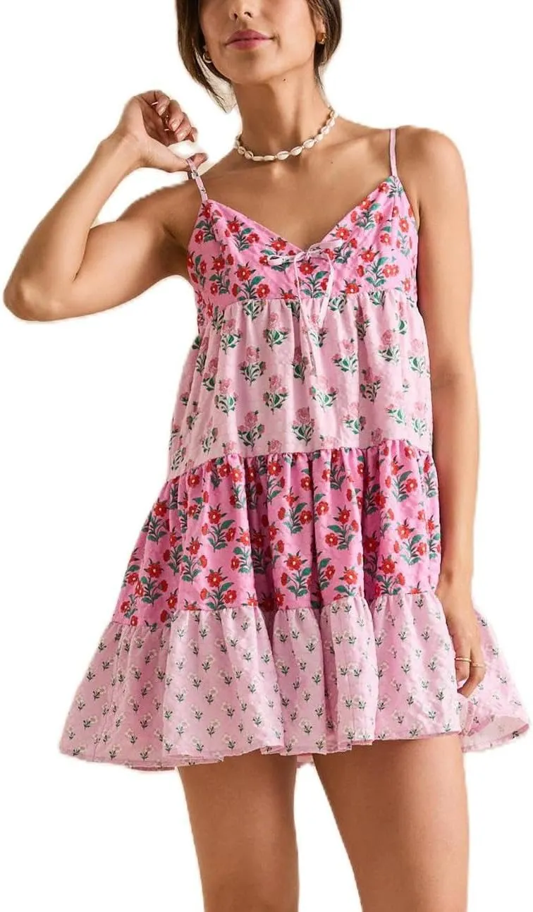 Women Y2k Floral Mini Dress Boho Spaghetti Strap Short Ruffle Dress Summer Tiered Beach Vacation Sundress