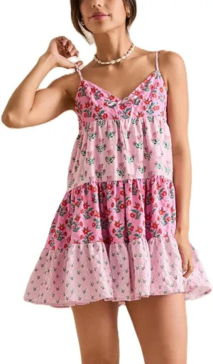 Women Y2k Floral Mini Dress Boho Spaghetti Strap Short Ruffle Dress Summer Tiered Beach Vacation Sundress
