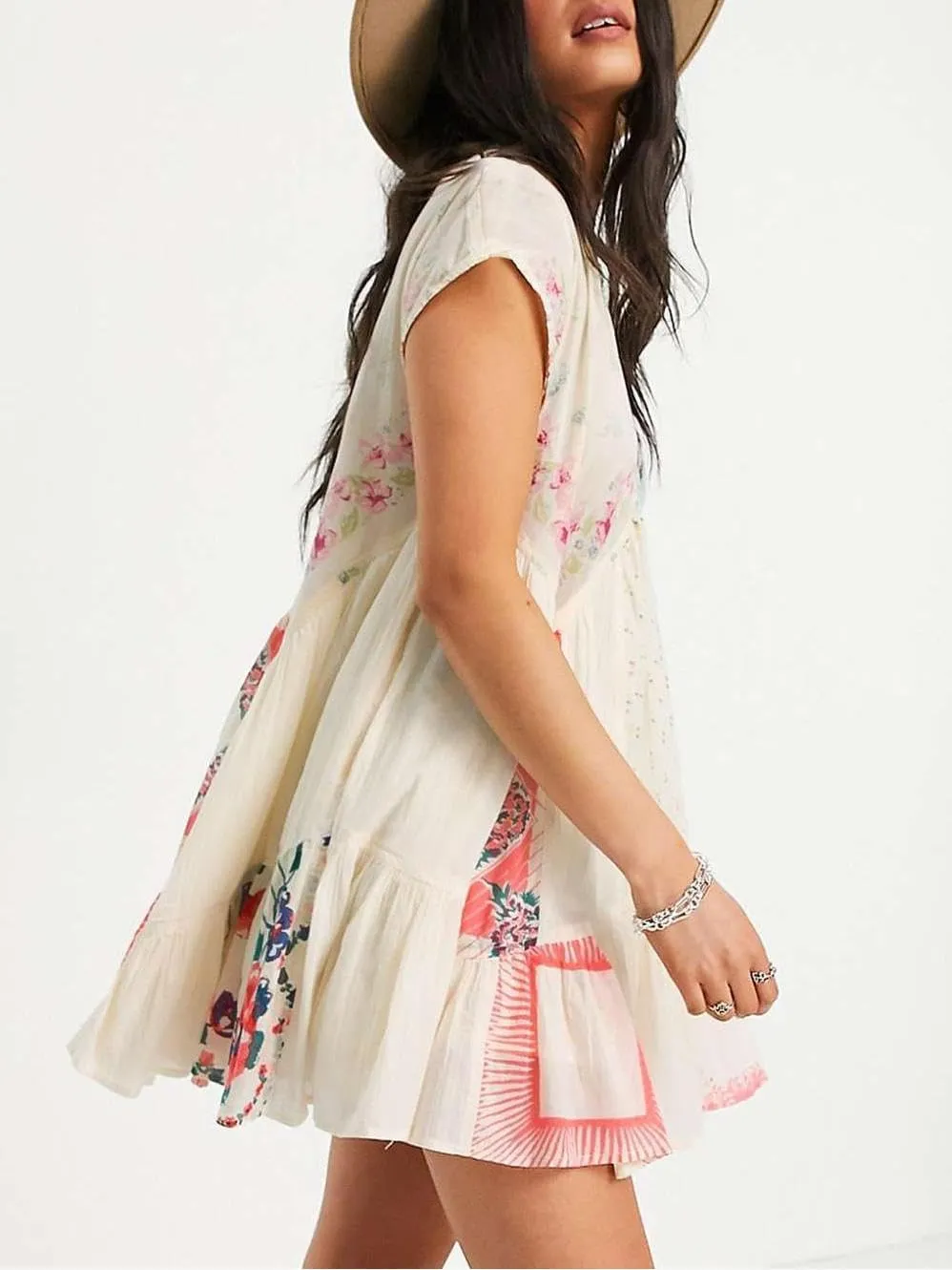 Women Y2k Floral Ruffle Mini Dress Boho V Neck Puff Sleeve Short Dress Flowy Babydoll Dress Streetwear