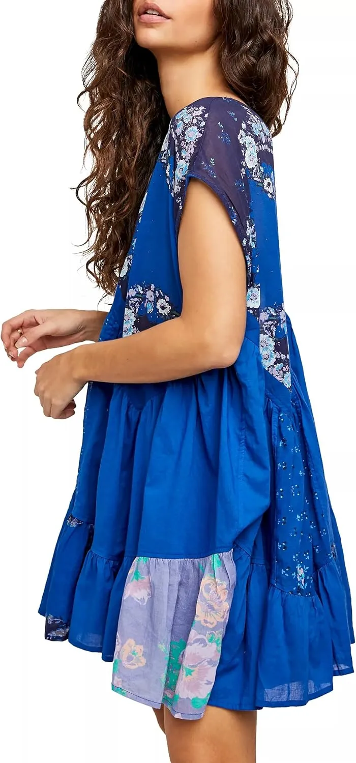 Women Y2k Floral Ruffle Mini Dress Boho V Neck Puff Sleeve Short Dress Flowy Babydoll Dress Streetwear