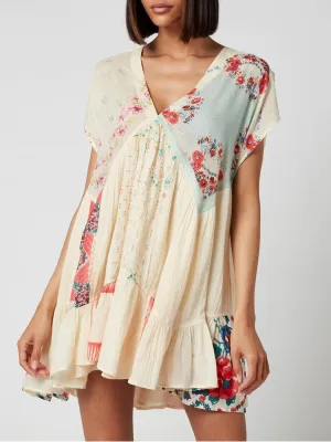 Women Y2k Floral Ruffle Mini Dress Boho V Neck Puff Sleeve Short Dress Flowy Babydoll Dress Streetwear