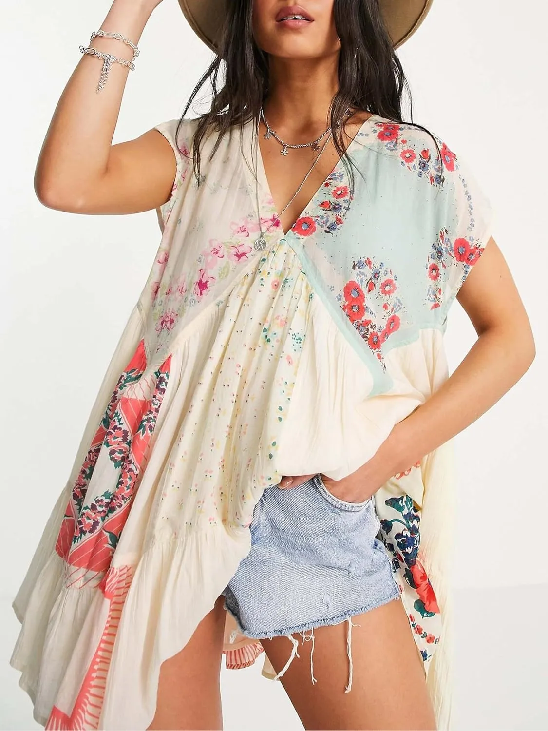 Women Y2k Floral Ruffle Mini Dress Boho V Neck Puff Sleeve Short Dress Flowy Babydoll Dress Streetwear