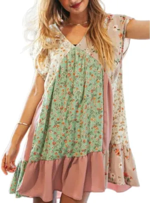 Women Y2k Floral Ruffle Mini Dress Boho V Neck Puff Sleeve Short Dress Flowy Babydoll Dress Streetwear