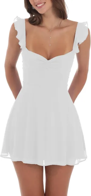 Women Y2k Lace Mini Dress Ruffle Hem Tie Back Short Dress Flowy A Line Bodycon Dress Party Clubwear