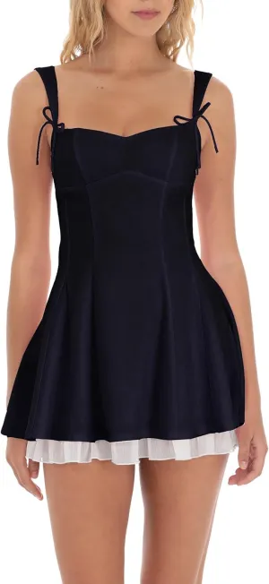 Women Y2k Lace Mini Dress Ruffle Hem Tie Back Short Dress Flowy A Line Bodycon Dress Party Clubwear