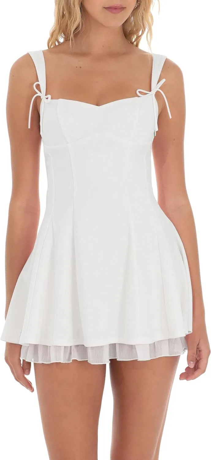 Women Y2k Lace Mini Dress Ruffle Hem Tie Back Short Dress Flowy A Line Bodycon Dress Party Clubwear