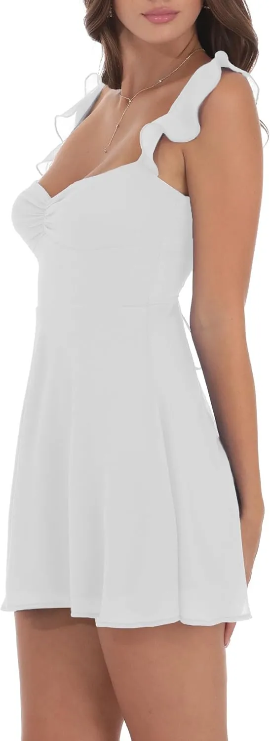 Women Y2k Lace Mini Dress Ruffle Hem Tie Back Short Dress Flowy A Line Bodycon Dress Party Clubwear