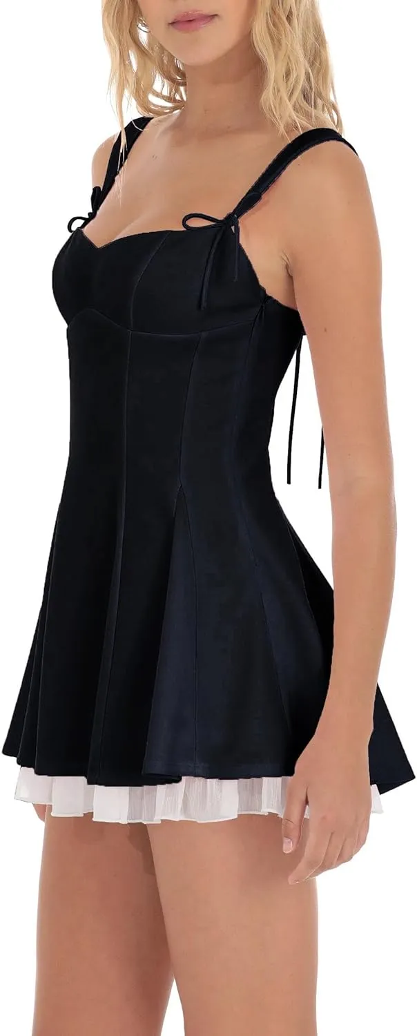 Women Y2k Lace Mini Dress Ruffle Hem Tie Back Short Dress Flowy A Line Bodycon Dress Party Clubwear