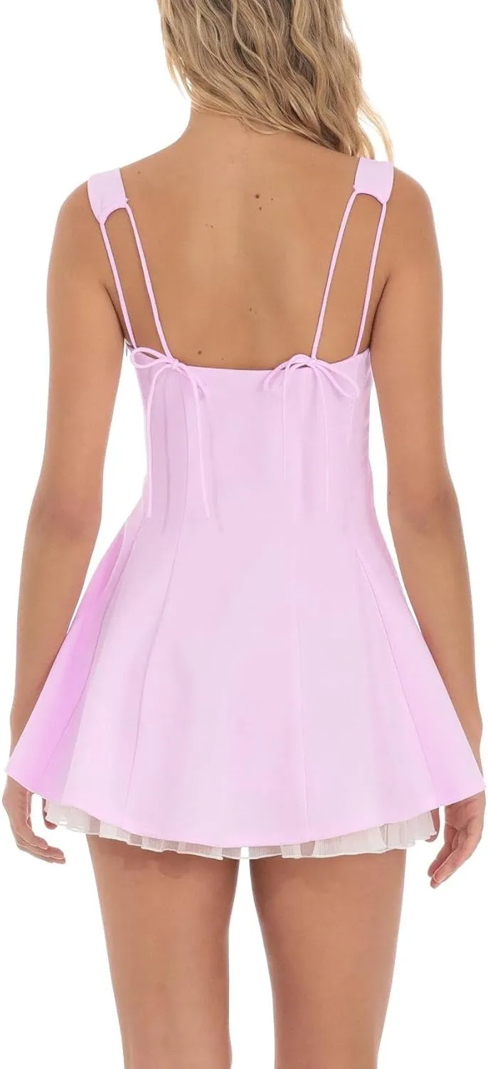 Women Y2k Lace Mini Dress Ruffle Hem Tie Back Short Dress Flowy A Line Bodycon Dress Party Clubwear