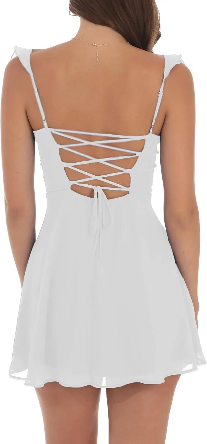 Women Y2k Lace Mini Dress Ruffle Hem Tie Back Short Dress Flowy A Line Bodycon Dress Party Clubwear