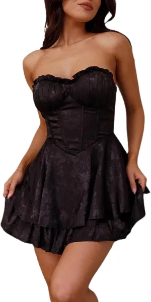Women Y2k Satin Mini Dress Strapless Tube Short Dress Ruffle Flowy Mini Dress Going Out Party Clubwear