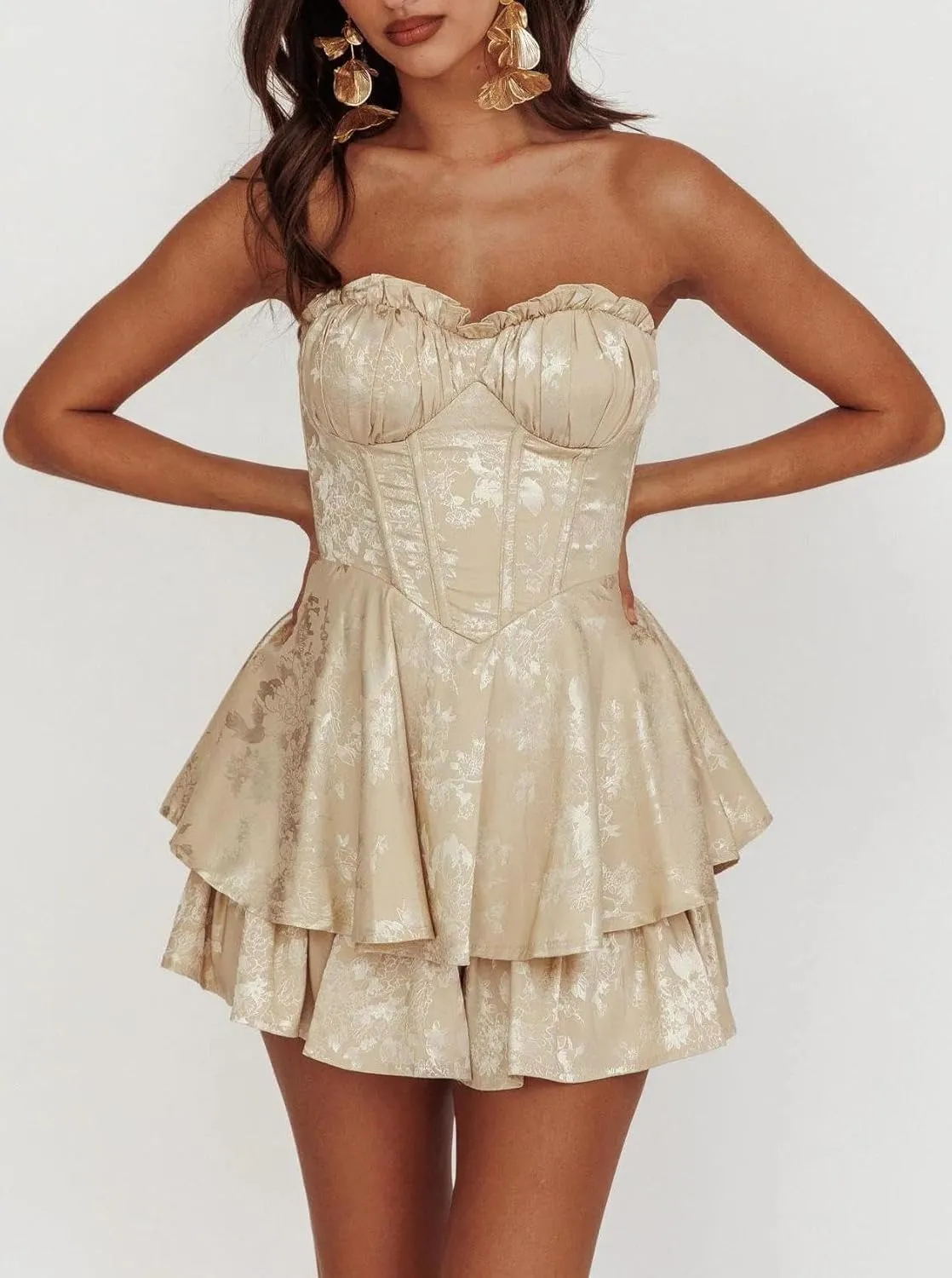 Women Y2k Satin Mini Dress Strapless Tube Short Dress Ruffle Flowy Mini Dress Going Out Party Clubwear