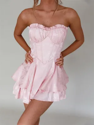 Women Y2k Satin Mini Dress Strapless Tube Short Dress Ruffle Flowy Mini Dress Going Out Party Clubwear