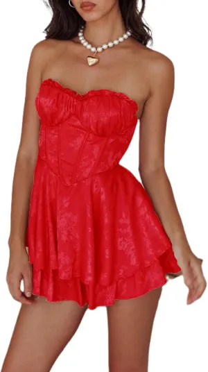 Women Y2k Satin Mini Dress Strapless Tube Short Dress Ruffle Flowy Mini Dress Going Out Party Clubwear